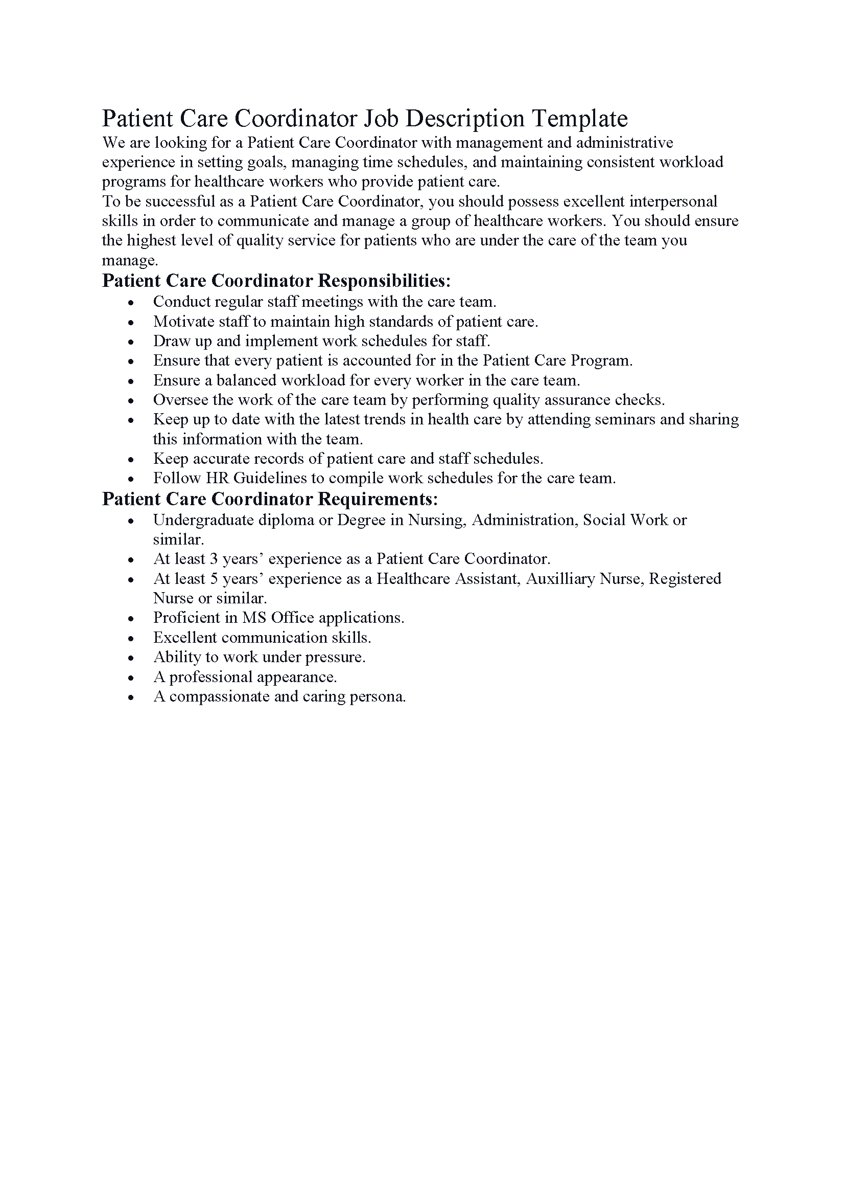 Patient Care Coordinator Job Description Template
